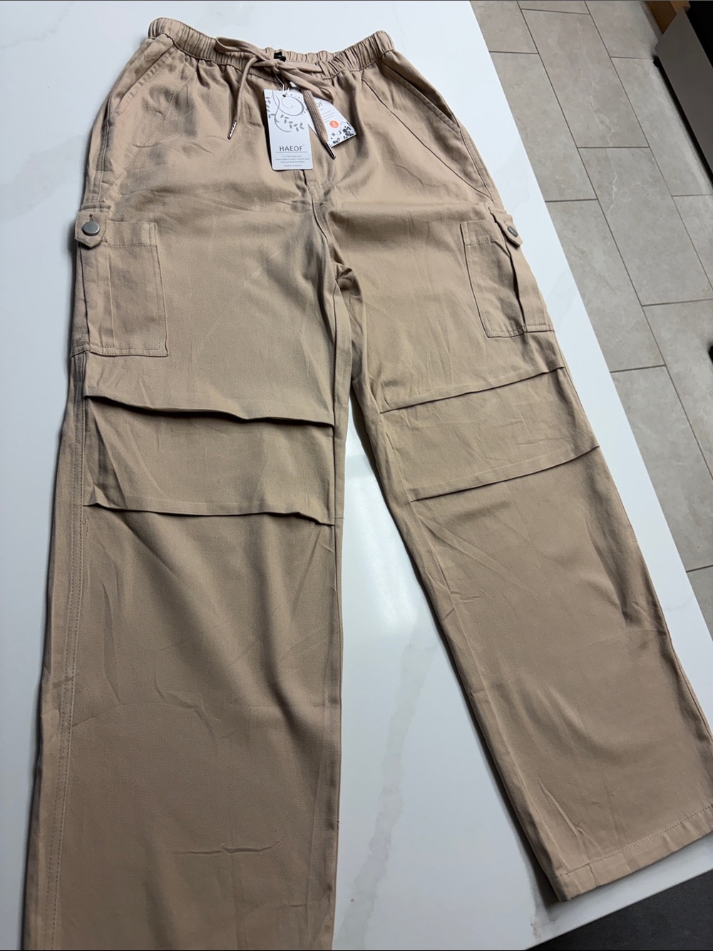 Men's Beige Cargo Pants with Elastic Waist